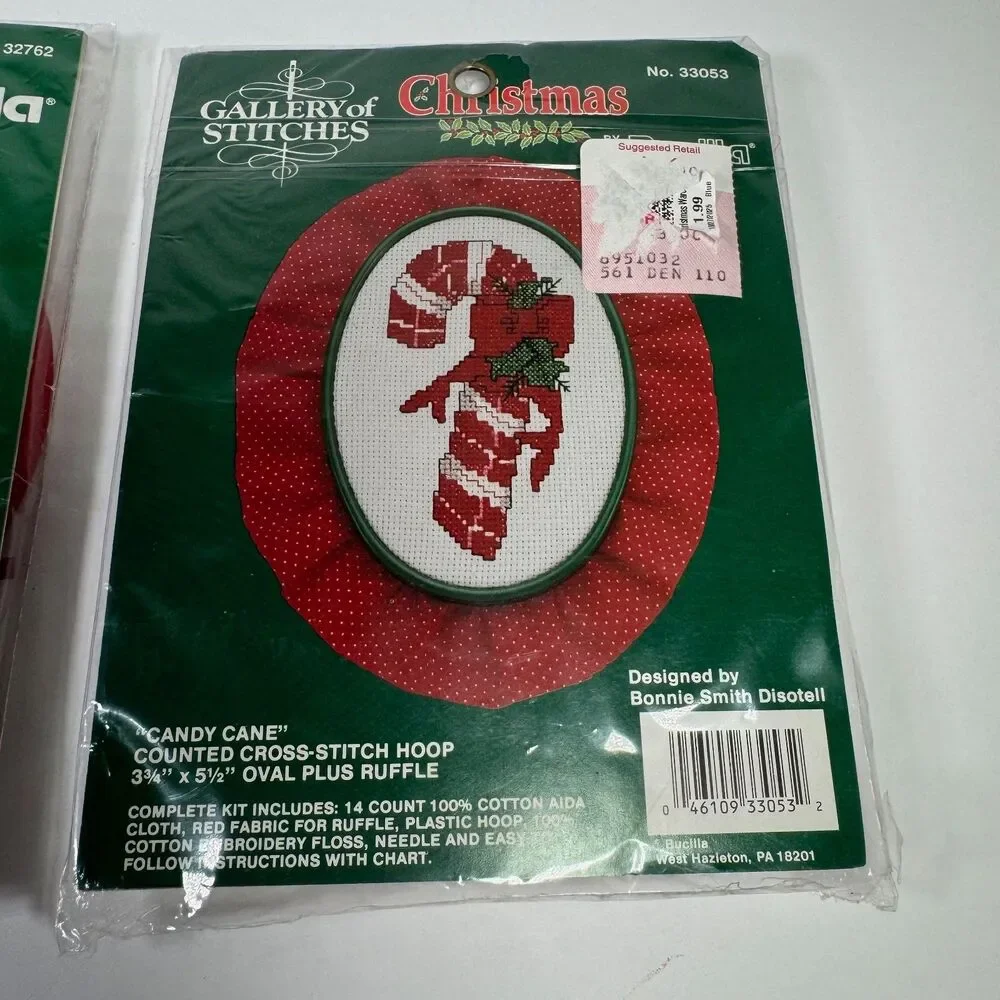 Bucilla Counted Cross Stitch Candy Cane Hoop Kit Santa & Toys Christmas LOT of 2
